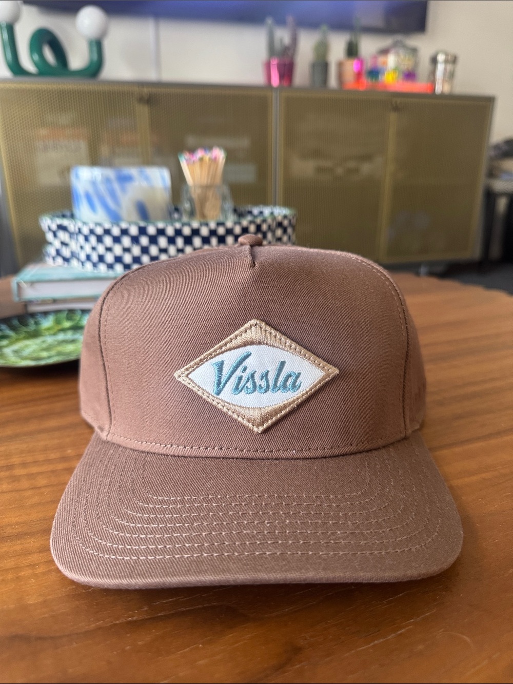 VISSLA Brown Canvas Patch Cap with Teal Logo